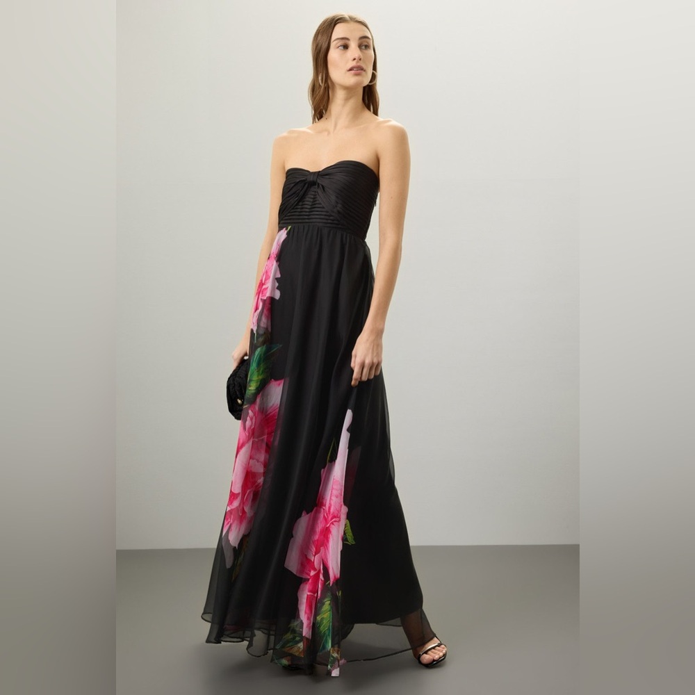 Elegant Strapless Black Maxi Dress with Pink Floral Detail
